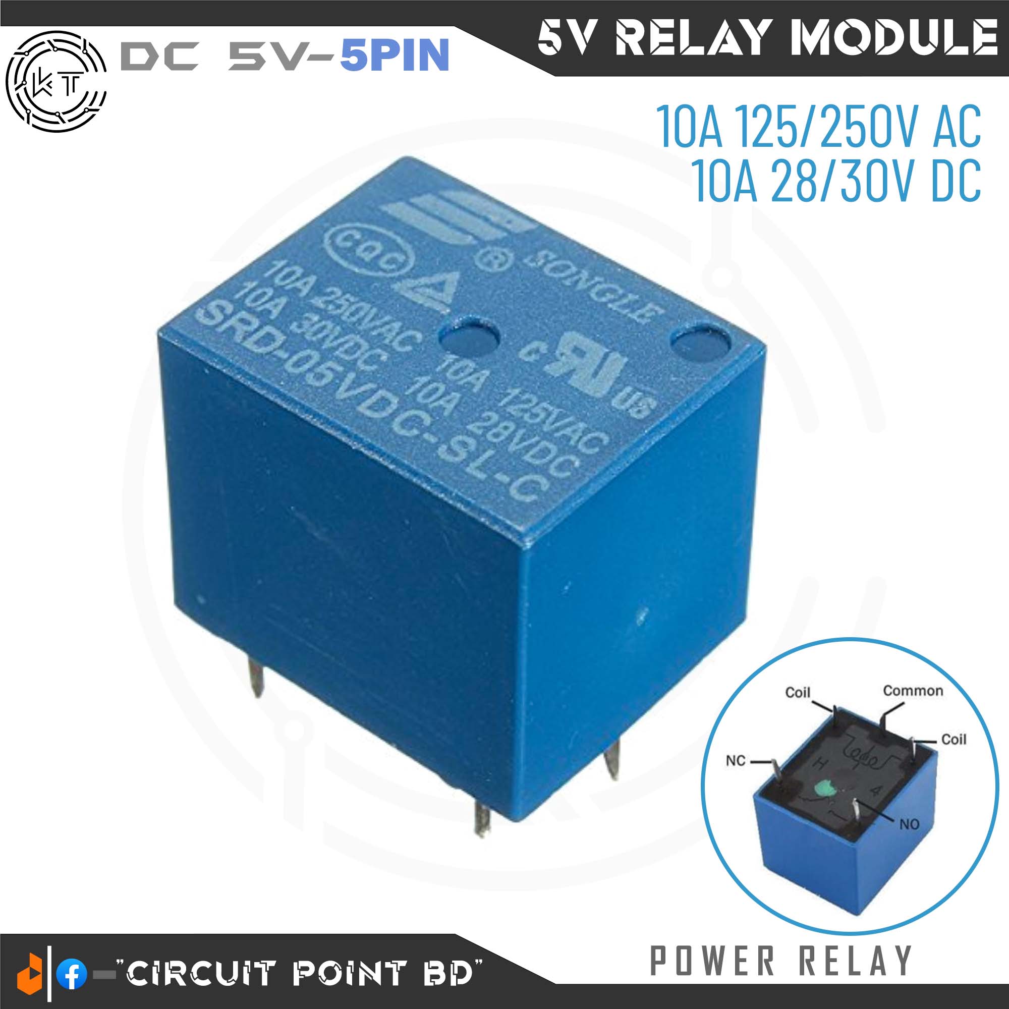 9V DC Relay, 5-Pin SPDT Power Relay, 10A 150/250VAC or 10A 28/30VDC for ...