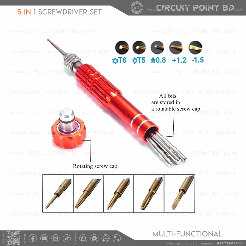 Tech Way Screwdriver 5 in 1 - Multi Functional Precision Screwdriver Set (T5, T6, 1.2mm, 1 ...